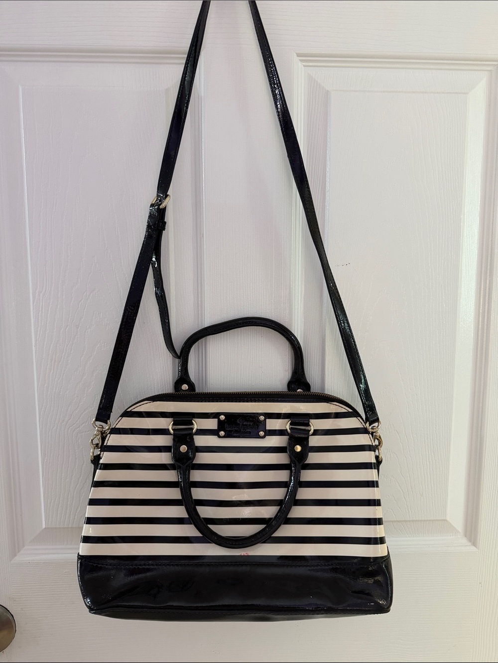 Kate Spade Wellesley Rachelle Striped Patent Leather Satchel Bag- Black&Cream